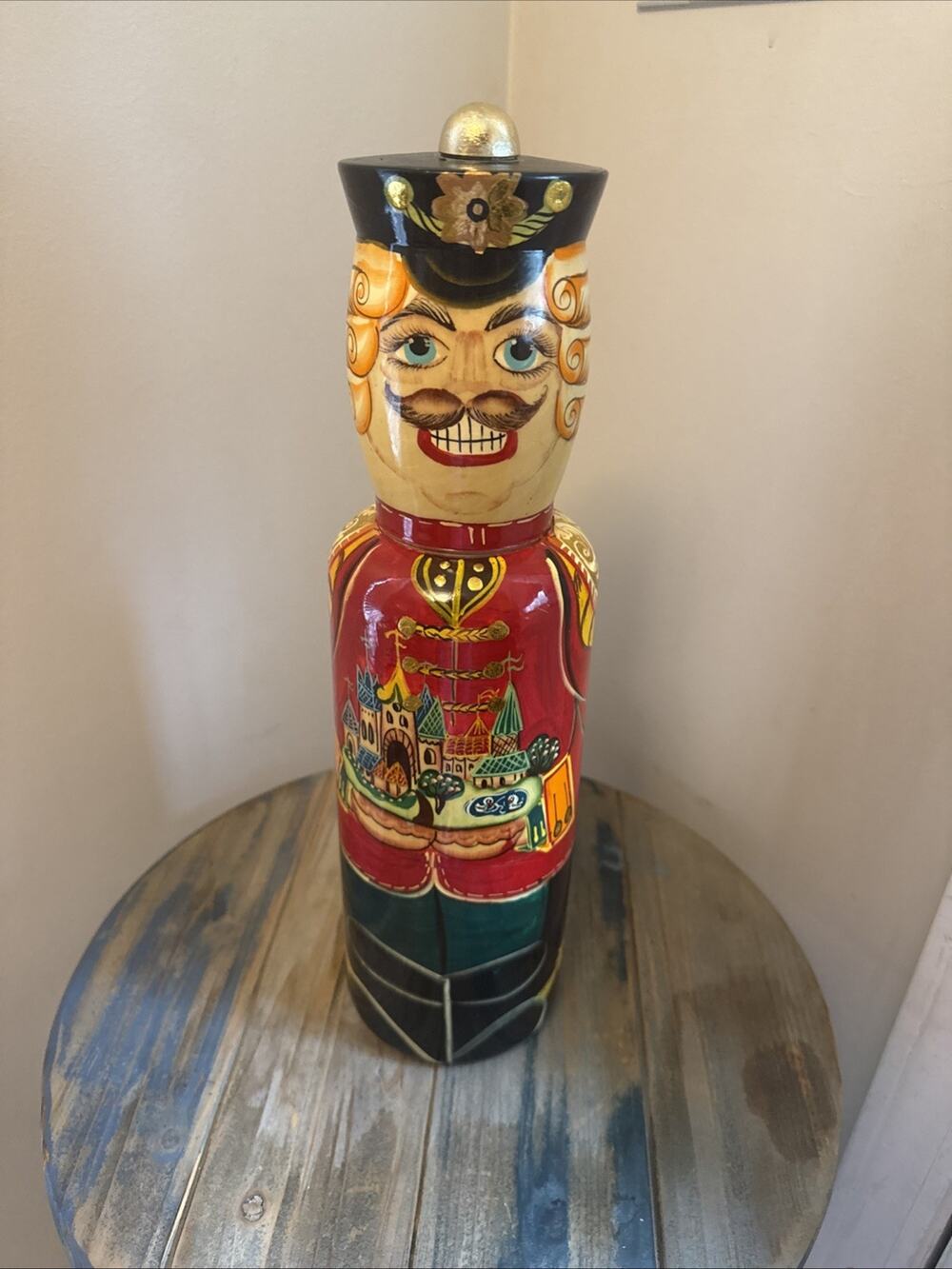 Vintage Net Egg Russian Wooden Hand Painted Wine Bottle Holder Nutcracker 15”